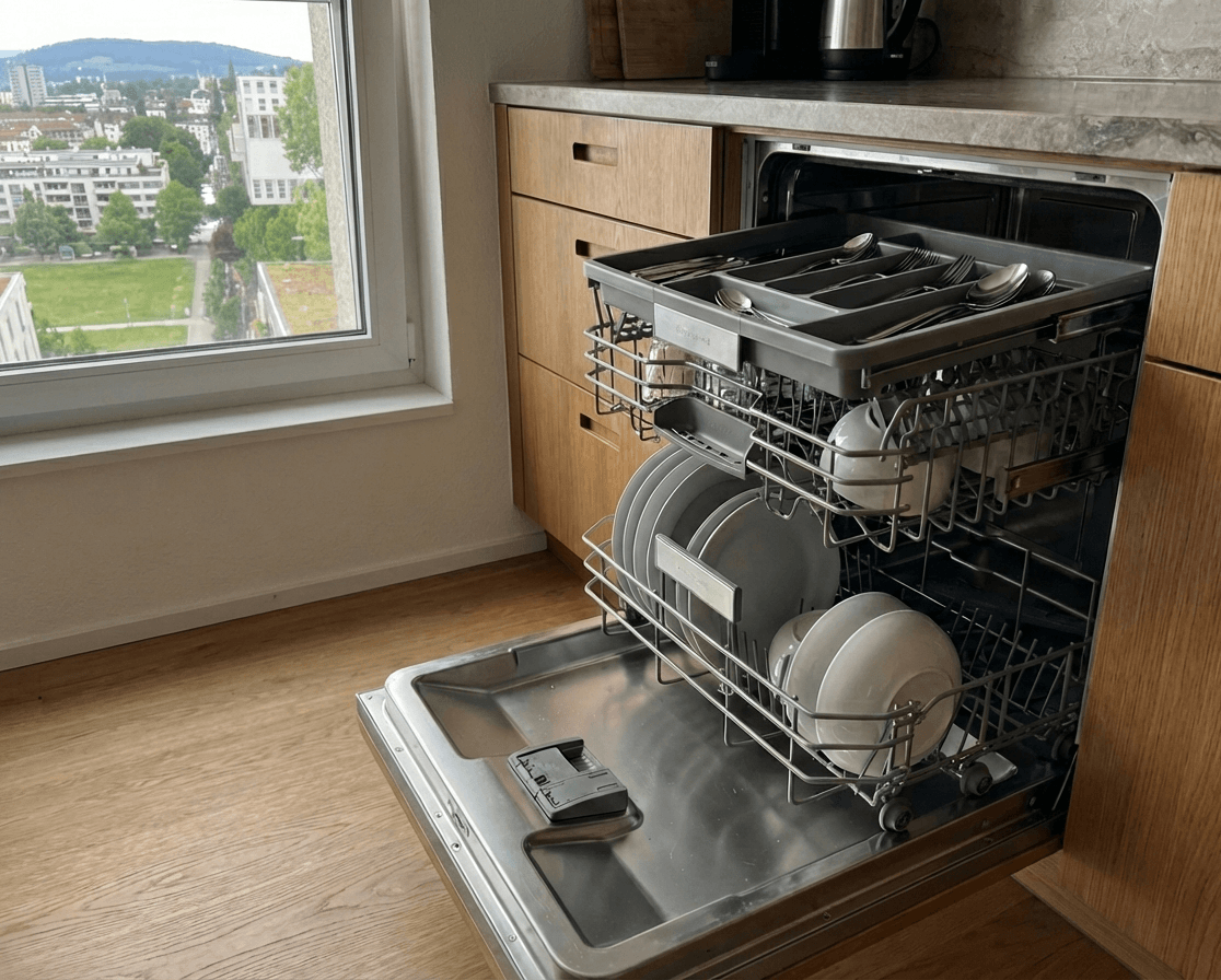 Lave-vaisselle encastré dans une cuisine moderne.